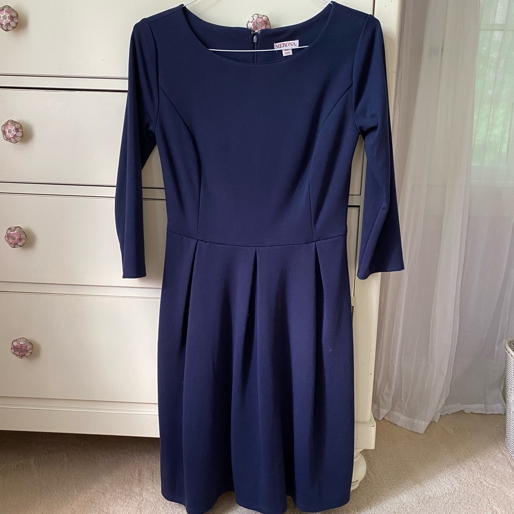 3/4 SLEEVE NAVY PLEATED DRESS